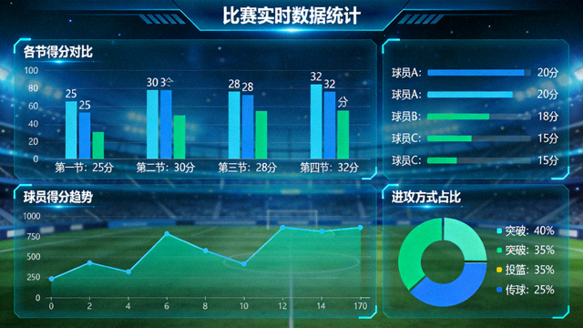 体育数据可视化屏幕展示比赛统计图表与趋势分析内容